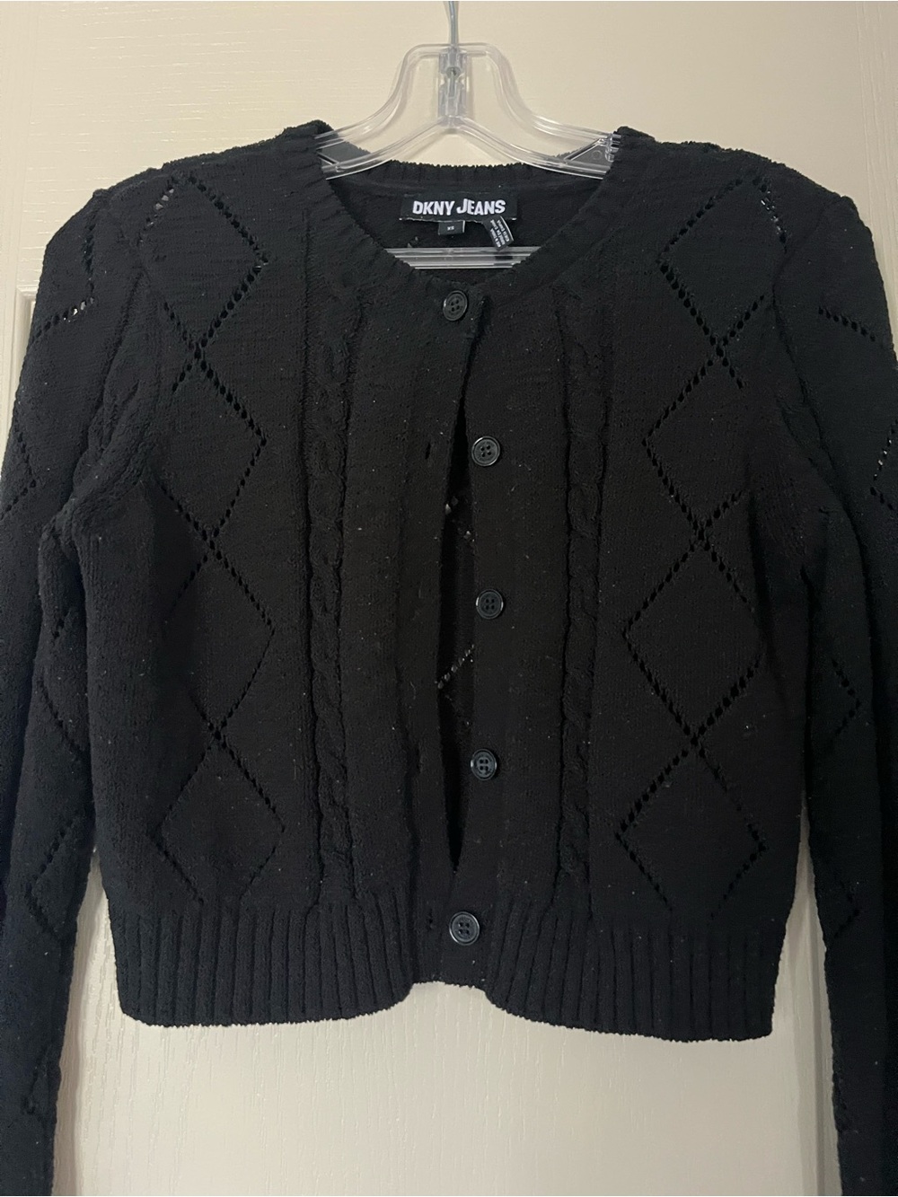DKNY Black Cropped Knit Button Cardigan XS Dark Academia Minimalist Cozy Layers